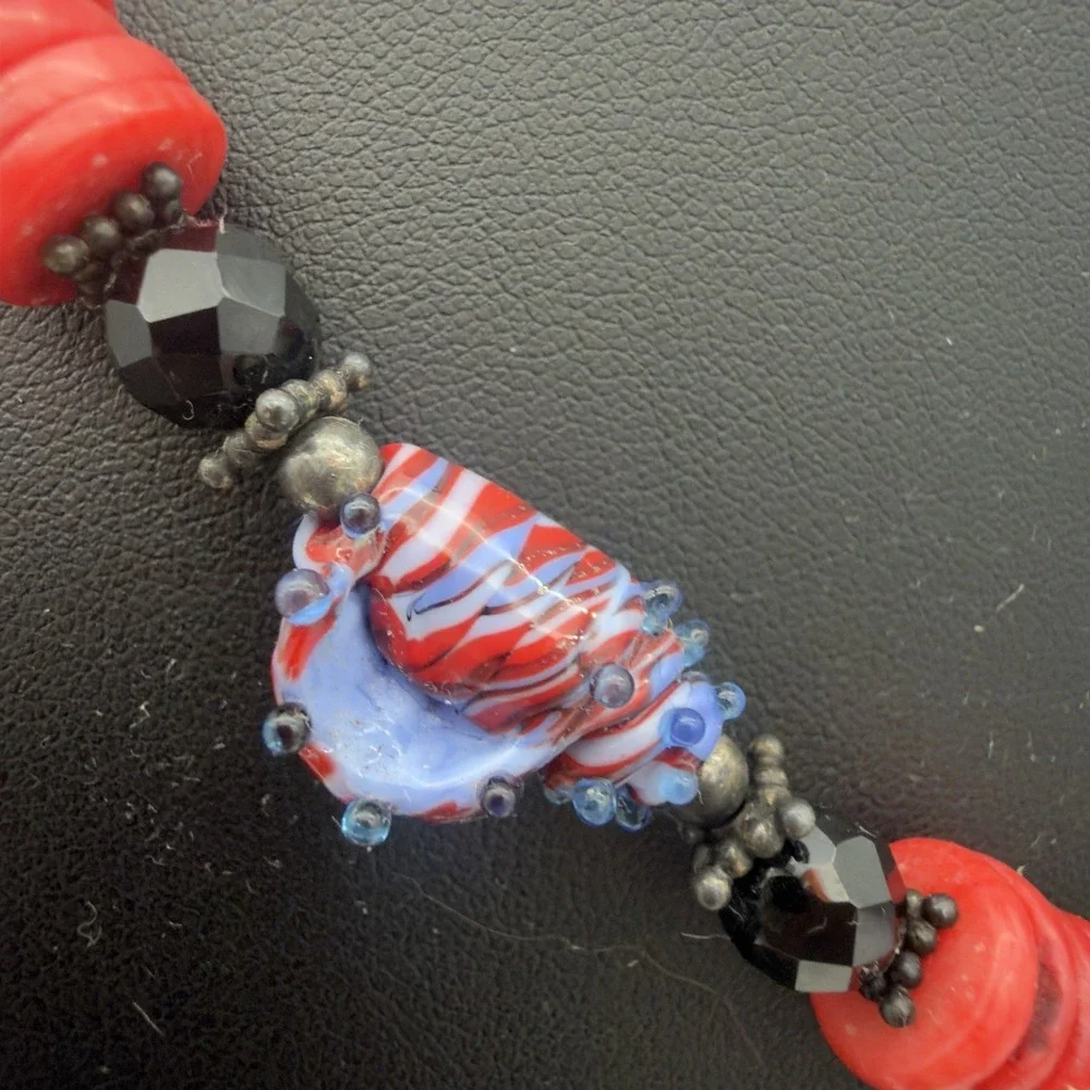 Vtg Sterling Silver Hand blow Glass Bead Necklace Fish Red Coral Y Drop Signed